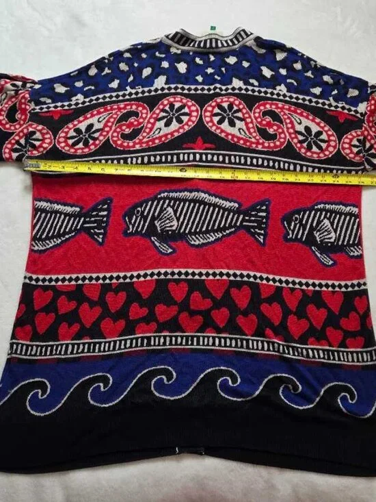 L Farm Rio x Anthropologie navy mixed prints knit cardigan sweater Fish & Hearts - Picture 9 of 11